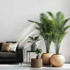 Obraz premium Modern living room, plants, sofa, side tables.