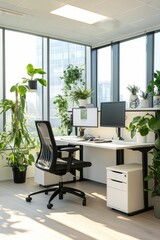 Modern office, plants, desk, chair, computers.