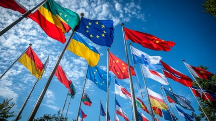 Obraz premium International flags displaying unity public park photography clear sky wide angle cultural diversity and global cooperation