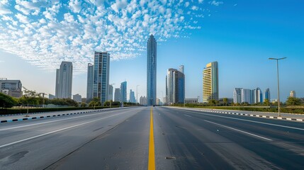 Fototapeta premium A solitary skyscraper surrounded by empty streets and a clear sky.