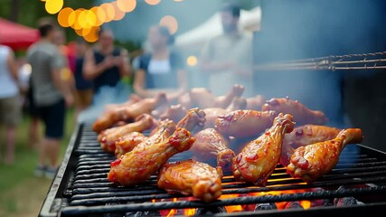 Grilled chicken sizzles on outdoor barbecue grill at vibrant evening market