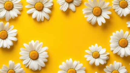 Obraz premium A vibrant yellow background adorned with white daisies, creating a cheerful and fresh aesthetic.