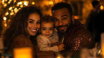 Happy family with toddler smiles warmly during a festive night celebration, surrounded by warm golden lights.