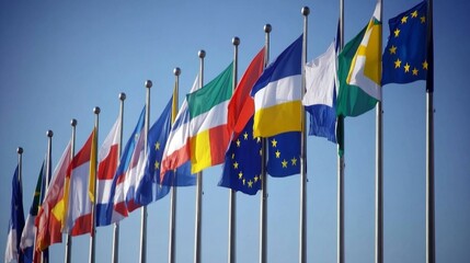 Obraz premium International flags display at global summit open air venue event photography vibrant daylight unity and diplomacy concept