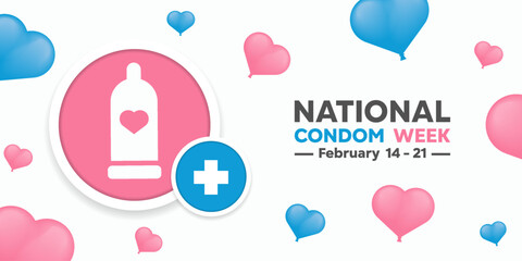 National Condom Week. Heart, condom and plus icon. Great for cards, banners, posters, social media and more. White background. 