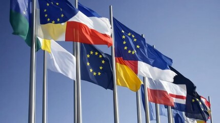Fototapeta premium Flags of europe waving in unity during international event open air venue photography clear sky vibrant colors cultural significance