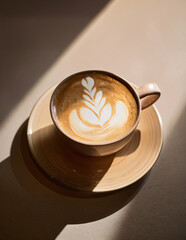 closeup hot coffee latte with shadow and neutral beige concrete