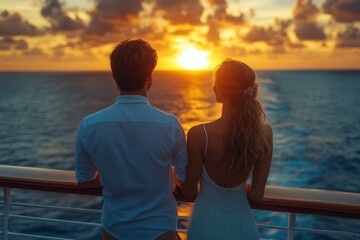 Young couple admiring the horizon from the deck of a luxury cruise ship
