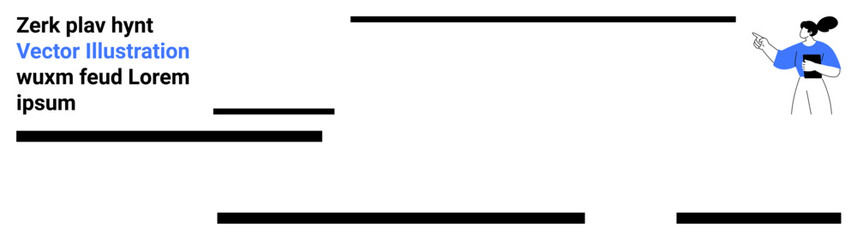 Cartoon woman in blue pointing at text blocks. Ideal for educational content, presentations, corporate websites, marketing materials, user guides, infographics, and blogs. Landing page