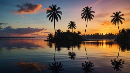 Obraz premium Serene Tropical Sunset with Silhouette Palms and Vibrant Ocean Reflections V6