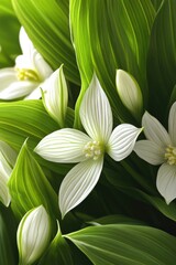 Obraz premium Close-up of delicate white flowers with vibrant green foliage, showcasing intricate details and textures. Ideal for nature, beauty, and serenity themes.