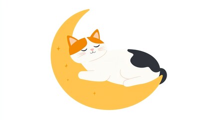 Obraz premium A cute cat peacefully sleeping on a crescent moon, creating a serene and whimsical night-time scene.