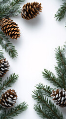 Elegant winter-themed image of pine branches and cones, perfect for holiday cards, winter sales promotions, or nature-focused projects.