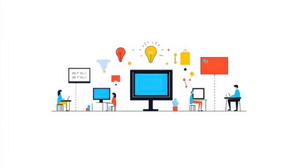 Diverse Group of People Collaborating in a Modern Workspace Surrounded by Creative Elements and Technology Icons