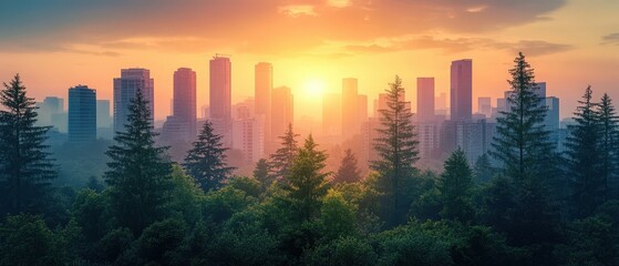 Fototapeta premium Futuristic Cityscape at Sunrise Powered by Sustainable Energy Showcasing Modern Architecture and Lush Greenery Blending Nature and Urban Life in a Vibrant Setting