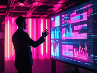 Businessman interacting with a large interactive display showing financial data in a dark room with pink neon lighting.