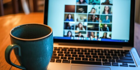 An open laptop displaying a vibrant webinar screen with engaged participants visible in a video call format.