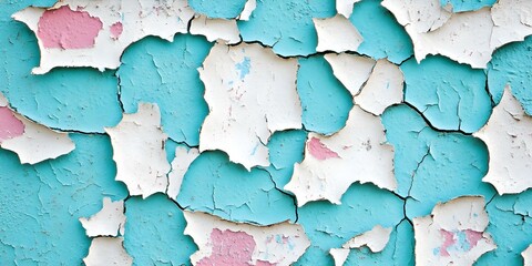 Obraz premium A close-up of a textured wall with peeling paint in shades of blue, white, and hints of pink. Concept Textured Wall, Peeling Paint, Blue and White Shades, Artistic Close-Up, Urban Decay