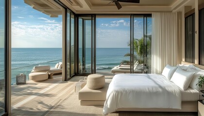 Obraz premium Ocean view from a private luxury suite with neutral decor