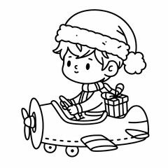 Fototapeta premium Blank coloring book illustration, little boy wearing Christmas hat riding a plane.