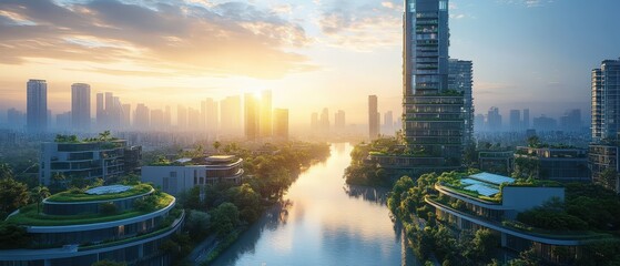 Fototapeta premium Futuristic Cityscape at Sunrise with Sustainable Energy Elements and Serene Waterway Revealing a Harmonious Urban Environment