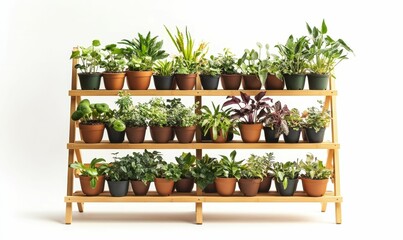 Wooden plant stand; many potted plants.