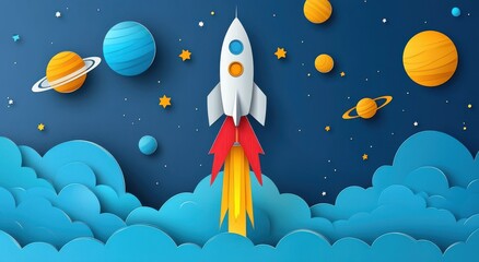 Colorful Paper Cutout Style Rocket Launching into Space with Planets and Stars in a Vibrant Night Sky Full of Blue and Yellow Hues