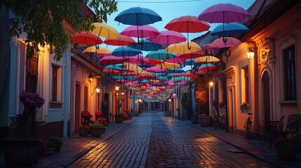Colorful Umbrellas in the Street of Szentendre City, Hungary, Summer