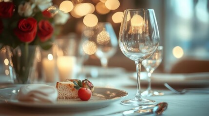 Refined dining setup with gourmet food and soft lighting