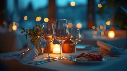 Fototapeta premium Refined dining setup with gourmet food and soft lighting