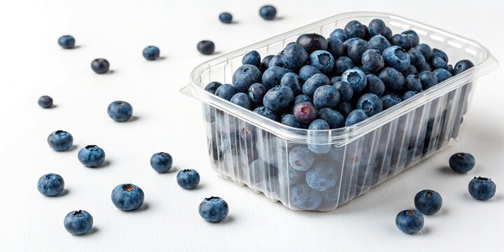 A plastic container filled with a handful of blueberries on a white surface, food products, white surface