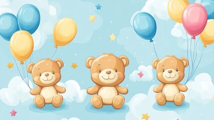 Obraz premium Adorable Teddy Bears Floating on Balloons in a Sky