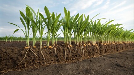 A row of green ginger roots sprouting from the soil surface, microgreens, new life, green food, nature photography