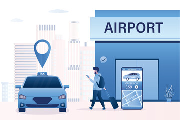 Mobile app for ordering taxi. Car sharing, rental service in airport. Tourist rent vehicle for short time. Auto and passenger with luggage on arrival zone or parking. Taxi service.