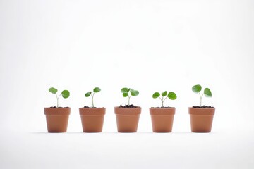 Five potted plants, growth stages.