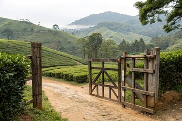 Fototapeta premium A rustic wooden gate leading to a secluded tea plantation surrounded by green hills, peaceful scene, rolling landscape, secluded tea plantation