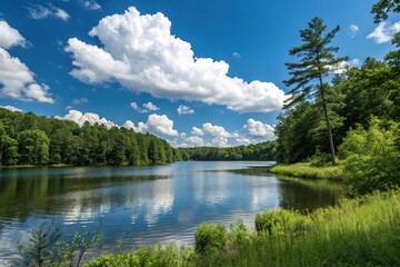 a serene and tranquil lake surrounded by lush greenery and towering trees with puffy white clouds drifting lazily across the sky amidst a clear blue sky, tranquility, sky, peace, calm, serene