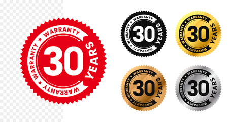 30 years warranty in circle. Thirty years warranty with circular text. Red, black, gold, silver, bronze premium color. For sticker, label, badge, icon, sign, emblem, stamp, logo, seal, symbol. Vector