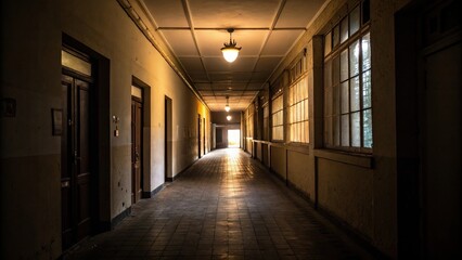 A single light source in a deserted hallway casts a warm and inviting glow despite the darkness outside, solace, light bulb, deserted, gentle radiance, dark