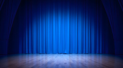 Theater stage, dramatic mood, blue curtain backdrop with wooden floor ready for performance