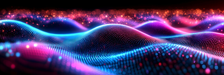 Abstract 3D Background: Glowing Pink and Blue Particle Waves Flowing Dynamically