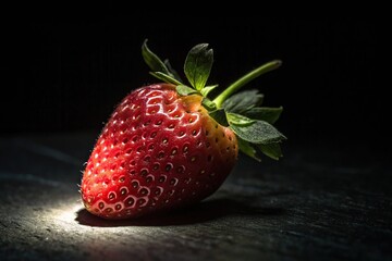 A single strawberry with shiny leaves glowing in a darkened room symbolizing hope and renewal, light, nature, plant life, organic