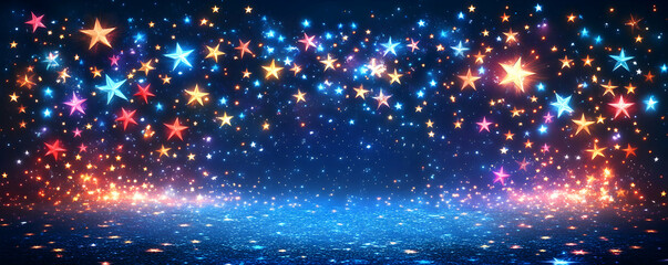 Obraz premium Glowing Colorful Stars Falling on Sparkling Blue Background