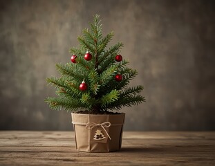 Miniature Christmas Tree: A small, potted Christmas tree adorned with red ornaments stands against...