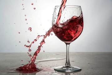 A splash of vibrant red wine creates a dramatic effect in a clear glass, wine splash, pouring, liquid, glass