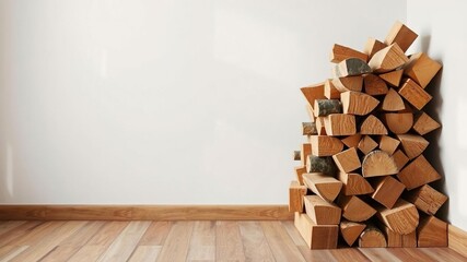 A stack of fuel wood briquettes in a corner of a room, environmentally responsible, fuel wood briquette