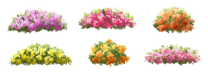 Obraz premium Vertor set of spring blossom tree,blooming plants side view for landscape elevation and section,eco environment concept design,watercolor shrub illustration,colorful season