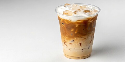 A steaming cup of iced latte with a layer of frothed milk on top, summer vibes, cafe atmosphere, cold brew, iced drink, hot and cold mix