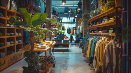 Naklejka premium Cozy and Inviting Clothing Store Interior Filled with Neatly Arranged Garments and Natural Greenery in a Modern Retail Environment