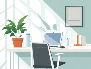 Sunlit minimalist office workspace with laptop, plant, and stationery.